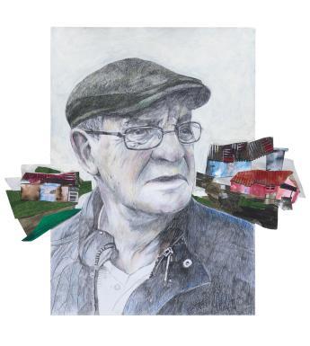 Portrait in pencil of an older man wearing glasses and a flat cap. Behind his shoulders, colourful vignettes of semi-abstract sheds and fields