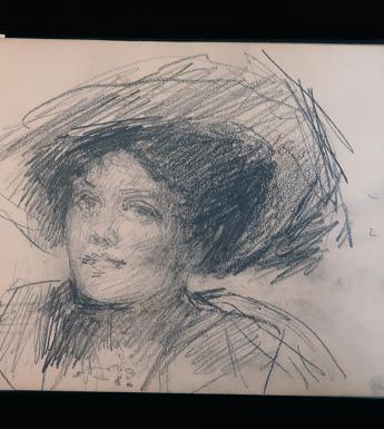Sketch of a woman in an open sketchbook