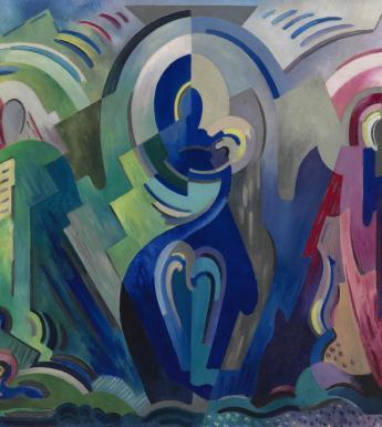 Abstract painting of three figures in green, blue and pink tones.