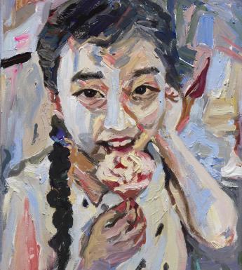 Child's painting of a young girl with dark hair in plaits eating ice cream