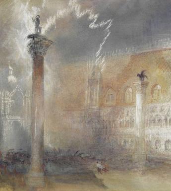 A sketch of the Piazzetta in Venice with dramatic dark sky and white highlights