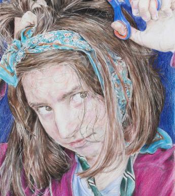 Close-up portrait of a girl wearing a pink cardigan and floral hairband, cutting her should-length brown hair with a blue scissors