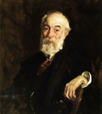 Painting of an elderly man with white hair and a white beard sitting with his arm on the headrest of a chair.