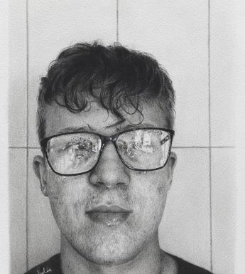 Black and white pencil drawing of a boy with dark hair wearing steamed up glasses
