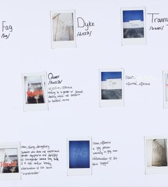 Polaroid photographs with text alongside defining words used to describe LGBTQIA+ people