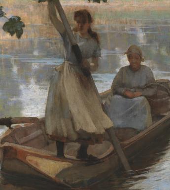 Old woman seated in rowboat as young woman stands on stern guiding the boat with a paddle