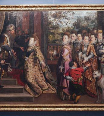 Lavinia's Fontana's painting hanging on a blue wall in the Gallery