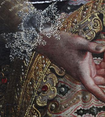 Detail showing Queen of Sheba's right hand gesturing