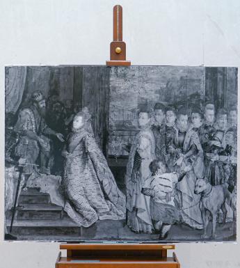 An infrared image of Lavinia Fontana's painting on an easel