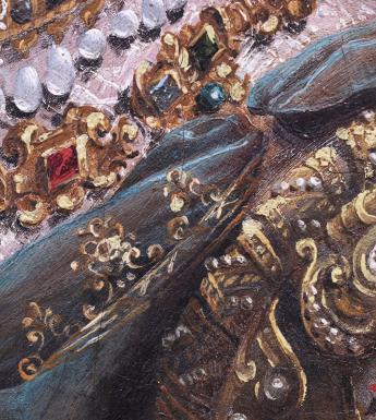 Detail of oil painting showing intricate gold, jewels and pearls