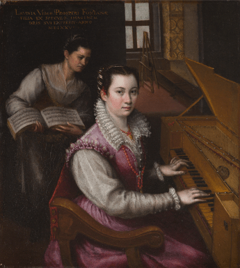 An oil painting showing a woman in a pink dress sitting at a virginal (musical instrument like a harpsichord). Her hands are on the keys, and she is looking directly at the viewer. In the background, another figures stands, holding a music score. 