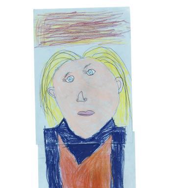 Child's drawing of a full-length portrait of a woman with blond hair drawn on a tall, skinny piece of paper