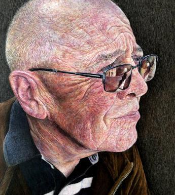 Painting of an older male figure with short grey hair, a striped top and glasses