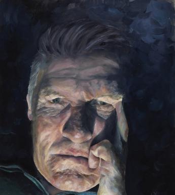 Atmospheric painted portrait of a older man resting his face on his let hand. His face is brightly lit and he is surrounded by dark shadow