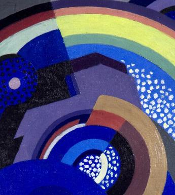 An abstract painting in blue, with additional white,  yellow pink, black and purple colours.