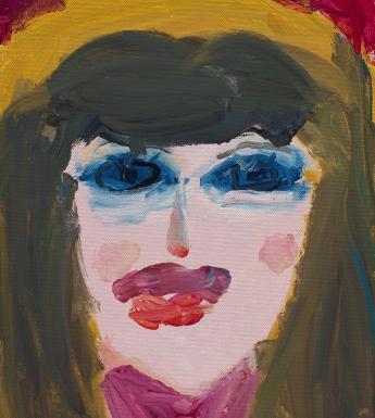 Children's portrait of a child with blue eyes, brown hair and a pink top