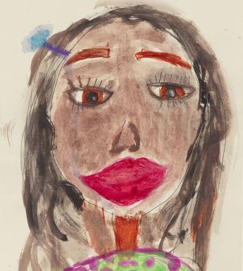Child's painting of a bust-length portrait of a woman with dark hair and wearing a green top with purple spots