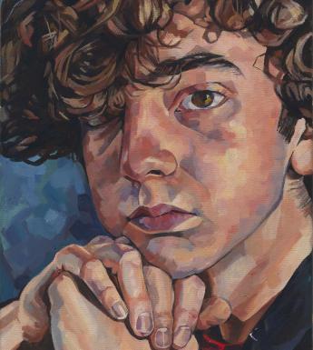 Close-up painted portrait of a young person with a mop of curly brown hair posing with their hands clasped under their chin