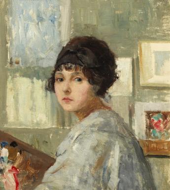 An oil painting of a woman with dark hair, wearing a white artist's smock and holding an artist's board. She looks directly at the viewer.