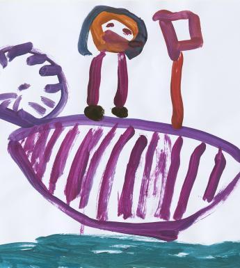Children's painting of a sad pirate onboard a pirate ship with a purple flag