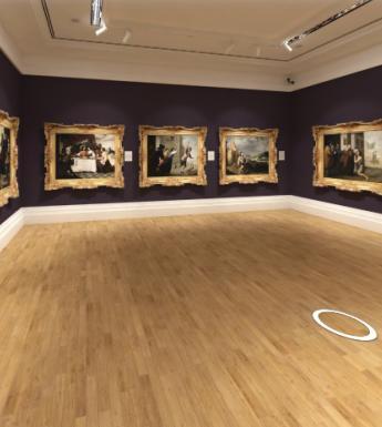 Screenshot of a virtual exhibition of painting by Murillo hung on an aubergine-coloured wall in a gallery