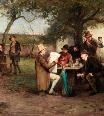 Painting of a group of men sitting at a table, wearing brown coats and brown hats. One of the group holds large sheets of paper and is reading proclamations to the group.