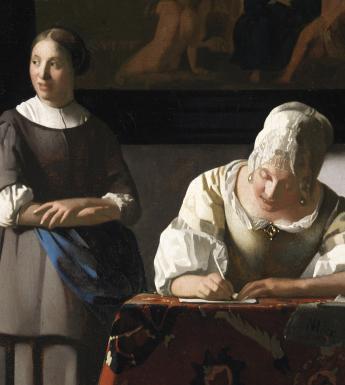 Painting of a woman standing and looking out a window behind a woman with a white bonnet sitting at a desk writing a letter.