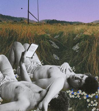 Dreamy collage of two men lying in a flowery meadow with goal posts in the distance