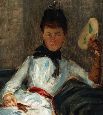 An oil painting of a woman in white with a black bonnet sitting on a chaise longue and holding a fan.