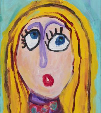 Child's painting of a bust-length portrait of a woman with blonde hair and a purple nose. Her eyes are cast upwards.