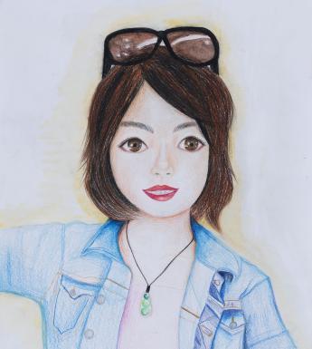 Child's watercolour painting of a half-length portrait of a women with short brown hair, sunglasses on top of her head and wearing a denim jacket
