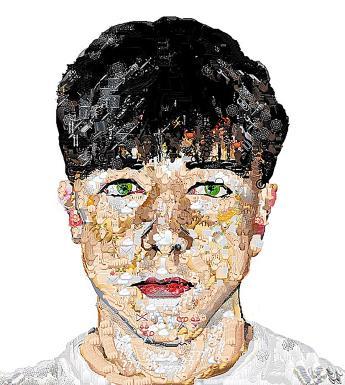 Portrait of a young boy with a white t-shirt and dark hair, made entirely of emoticons