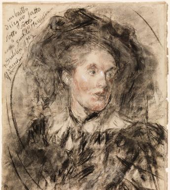 A charcoal sketch of a woman looking slightly over her shoulder. There are some white and red highlights on the sketch.