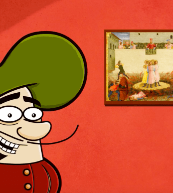 Cartoon of a Renaissance man standing in front of a renaissance painting