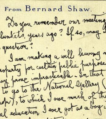 Detail of a handwritten postcard from G.B. Shaw to Thomas Bodkin