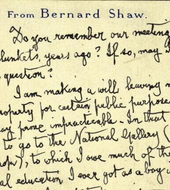 Handwritten text on a postcard from George Bernard Shaw to Thomas Bodkin.