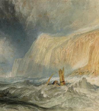 A watercolour painting of a stormy sea, with a ship being tossed on the waves. The dark sky is illuminated by shafts of light.