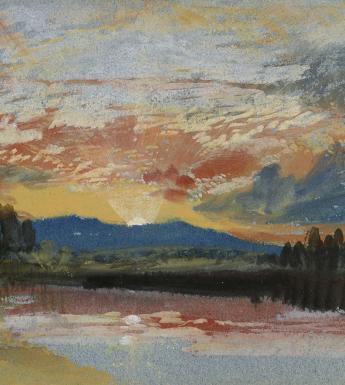 A watercolour painting of a sun setting over a landscape - lots of reds, yellows, blues and amber