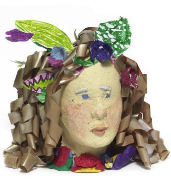 Mixed media portrait bust sculpture of a girl with fair, ringlet hair
