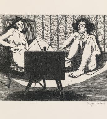 Two naked figures set looking at a television set in front of them, which illuminates them