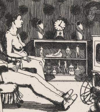 Two figures set on chairs in front of television screen. The man is clothed, and the woman is naked. On the screen they are watching, a couple kisses