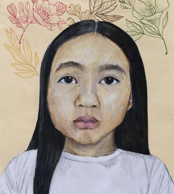 Self-portrait of a young girl with dark hair and a lilac top, drawn surrounded by flowers