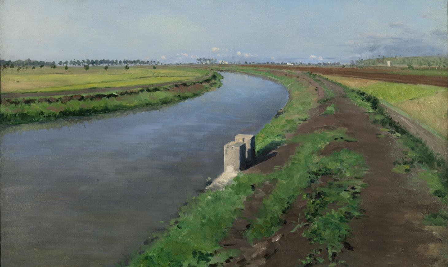 Oil painting of a canal sweeping into the distance, with a muddy tow path and hazy buildings on the horizon.