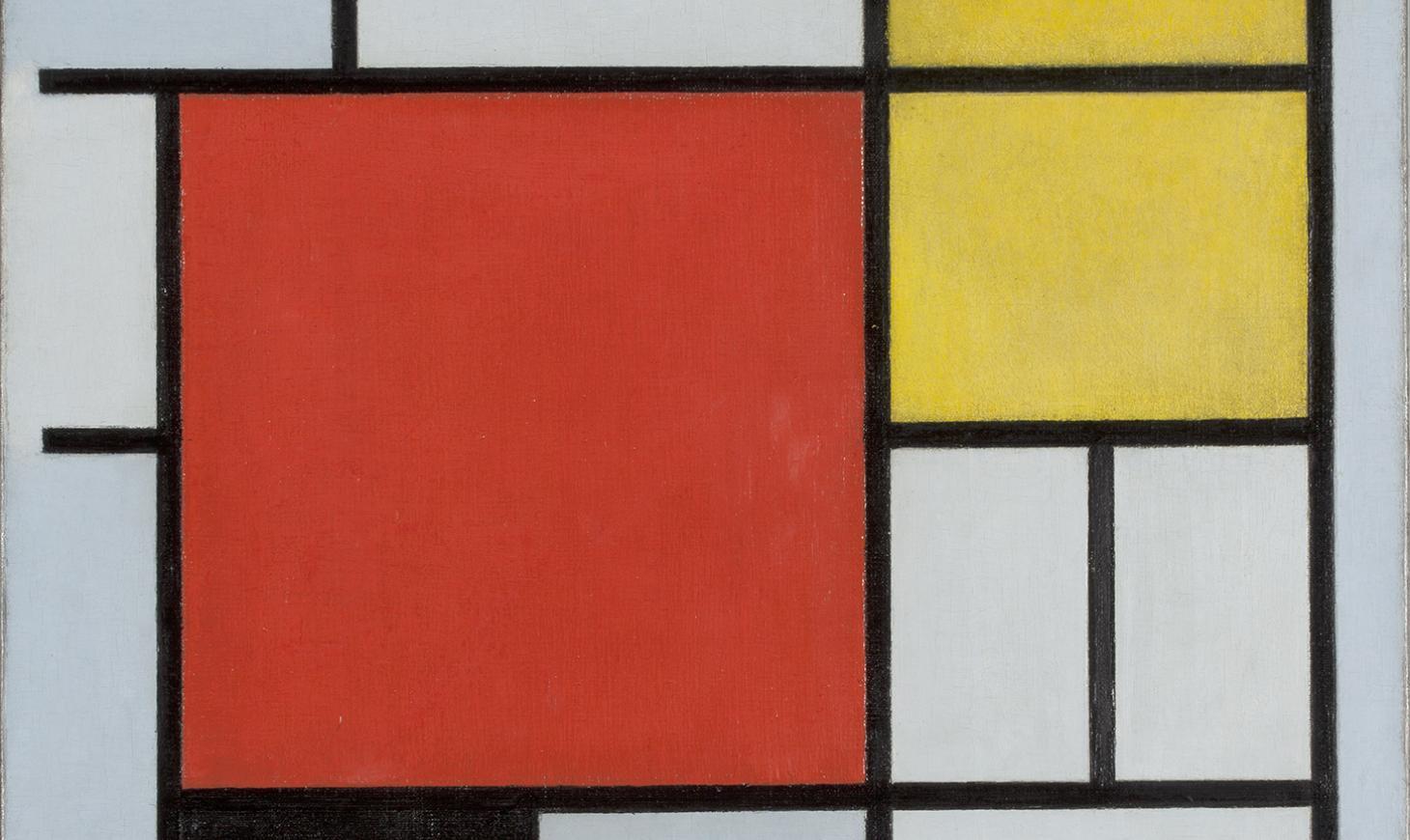Abstract painting of a grid of grey, red, black, blue and yellow 