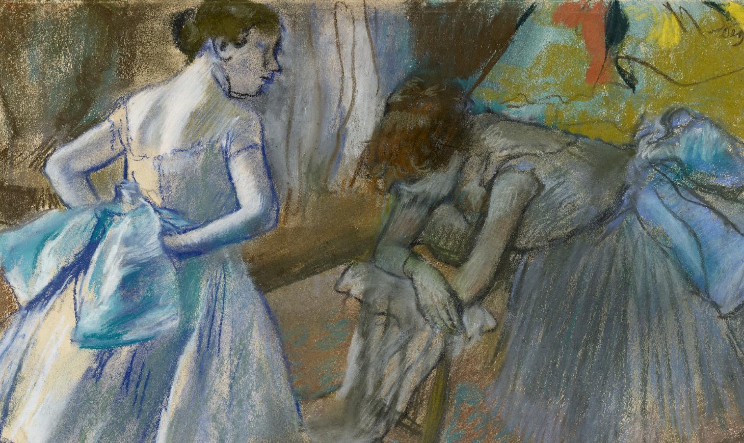 A pastel drawing of two ballet dancers backstage. One is leaning on a chair, the other has her back half turned from the viewer and is standing near her. They have white tutus on, with large blue bows at the back