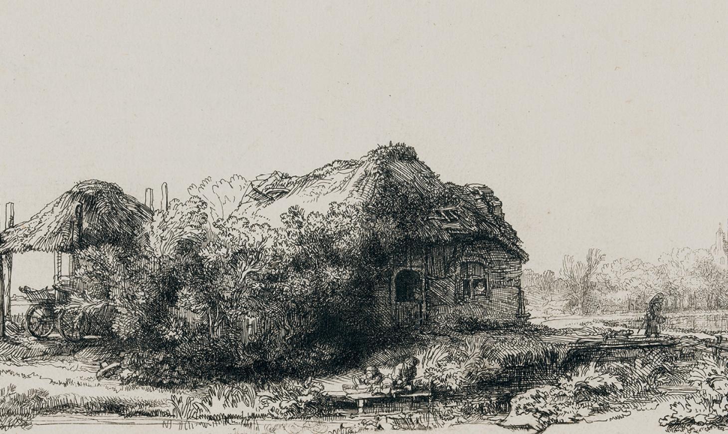 A detailed etching of a cottage with an adjoining haybarn. It is surrounded by trees and greenery much of which is growing on the roof. A small figure is visible on the right. 