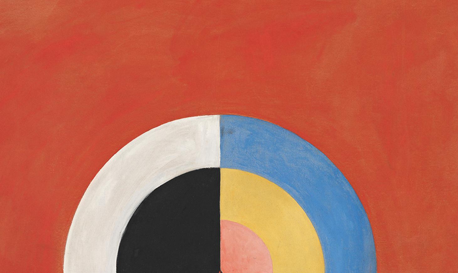 An abstract painting showing a semi circle with segments in black, white, yellow and pink on a red background. 