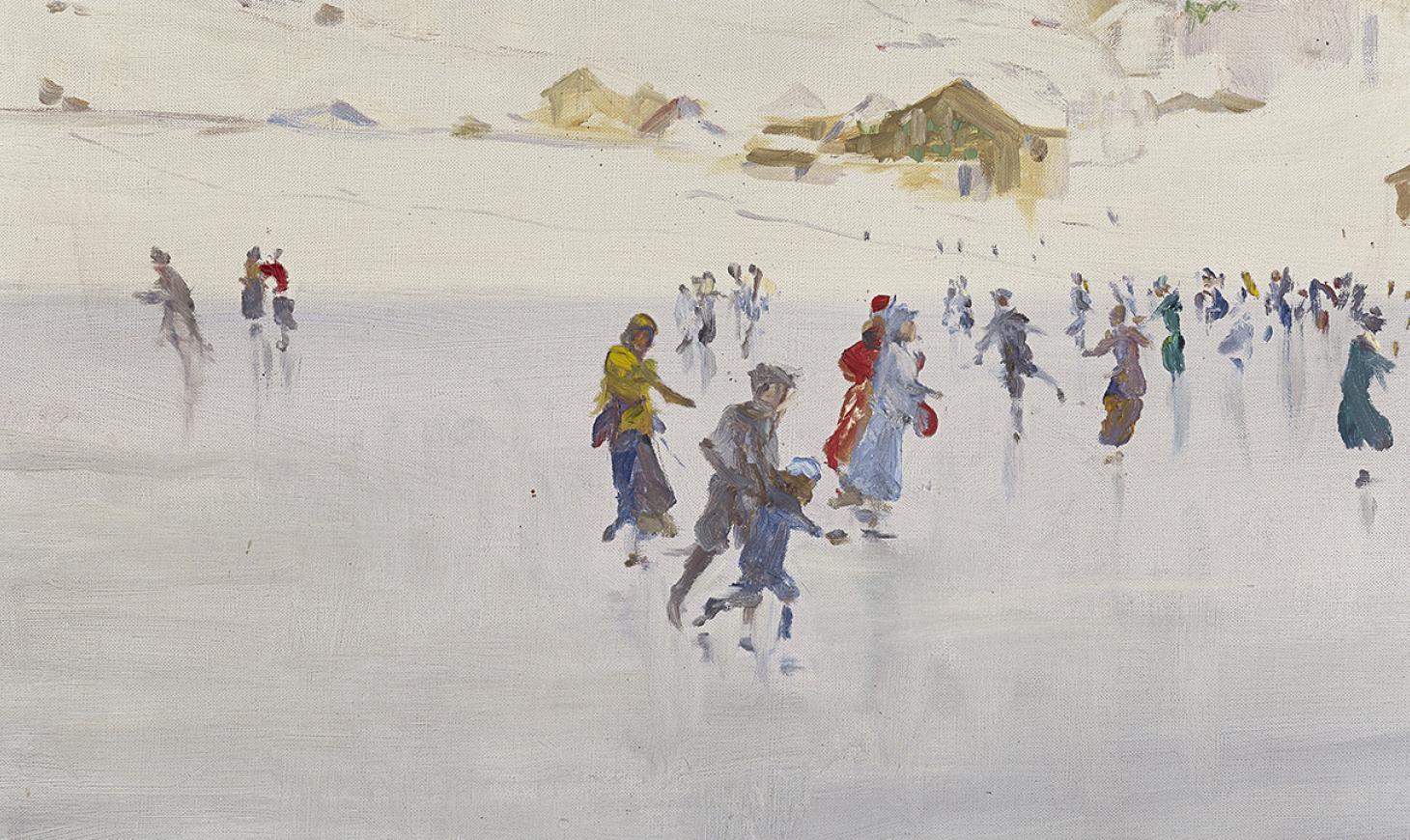 An oil painting of skaters on skating on a frozen pond with snow and cabins in the background