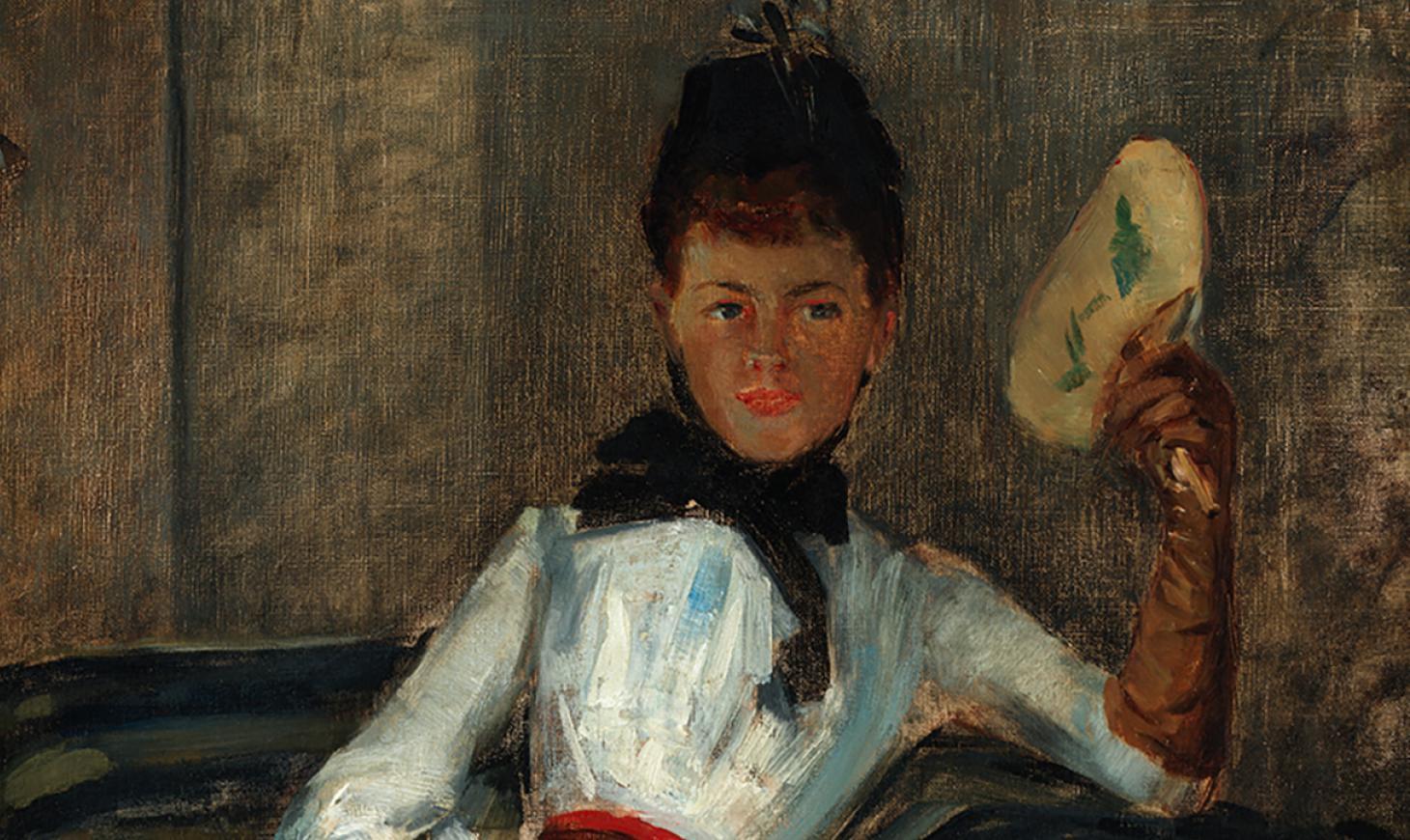 An oil painting of a woman in white with a black bonnet sitting on a chaise longue and holding a fan.