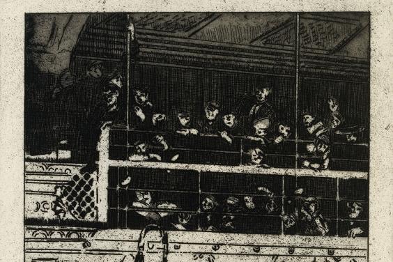 Black and white etching of people in the gallery of a theatre looking down.
